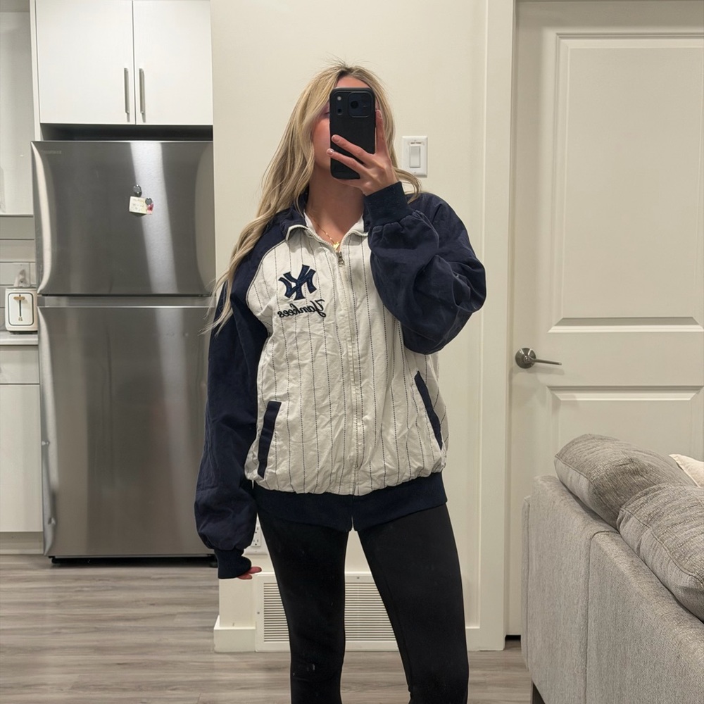 Navy & White Varsity Bomber Jacket with Team Emblem